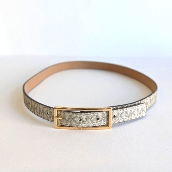 MICHAEL Michael Kors Logo Monogram Metallic Textured Belt Tan Gold 38½" - Med - Picture 1 of 10